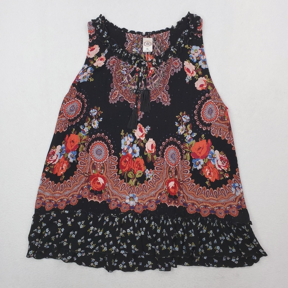 Bila Blouse Womens XL Black Floral Boho Tunic Sleeveless Ruffle‎ Hem Tank Top